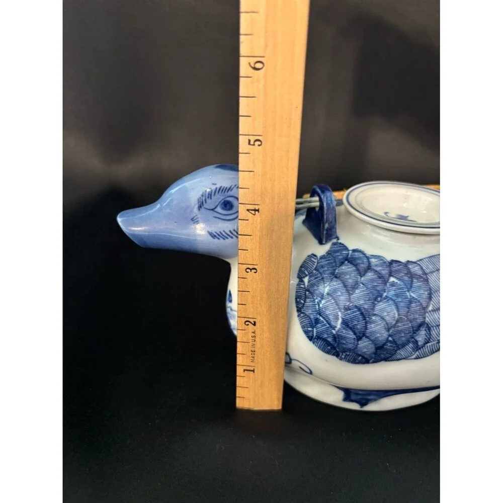 Vintage Blue & White Hand Painted Duck Teapot Floral Accents Made In China